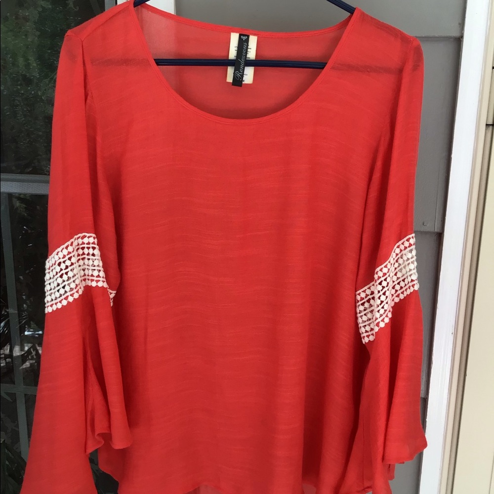 Dressy Womens Bell sleeve peachy orange top Rendezvous sz large beautiful tunic